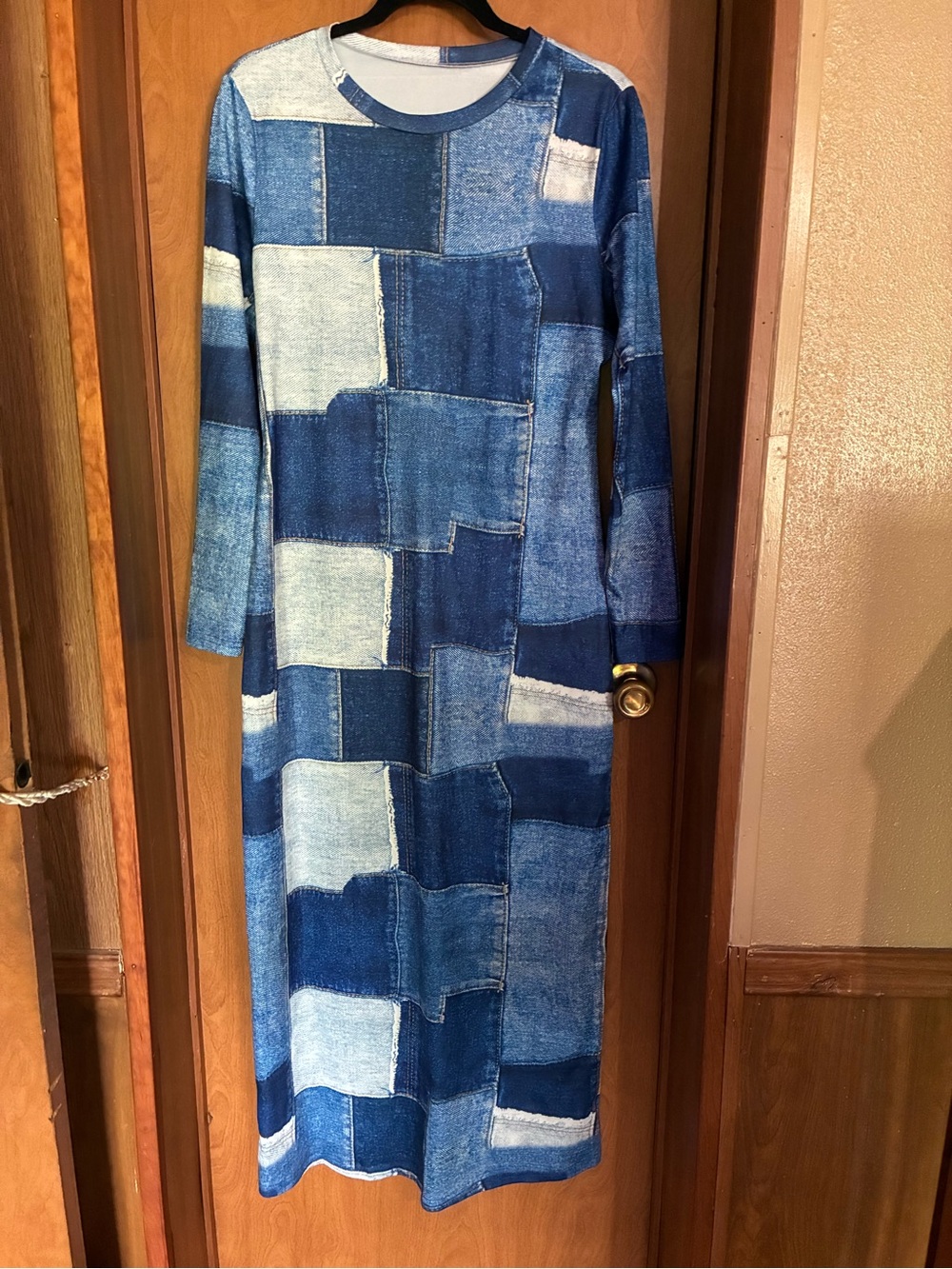 Blue Patchwork Maxi Dress size Medium Stretchy